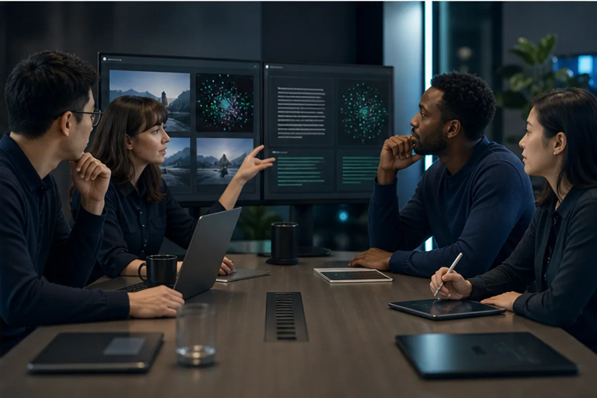 Managed AI operations team reviewing outputs and coordinating quality