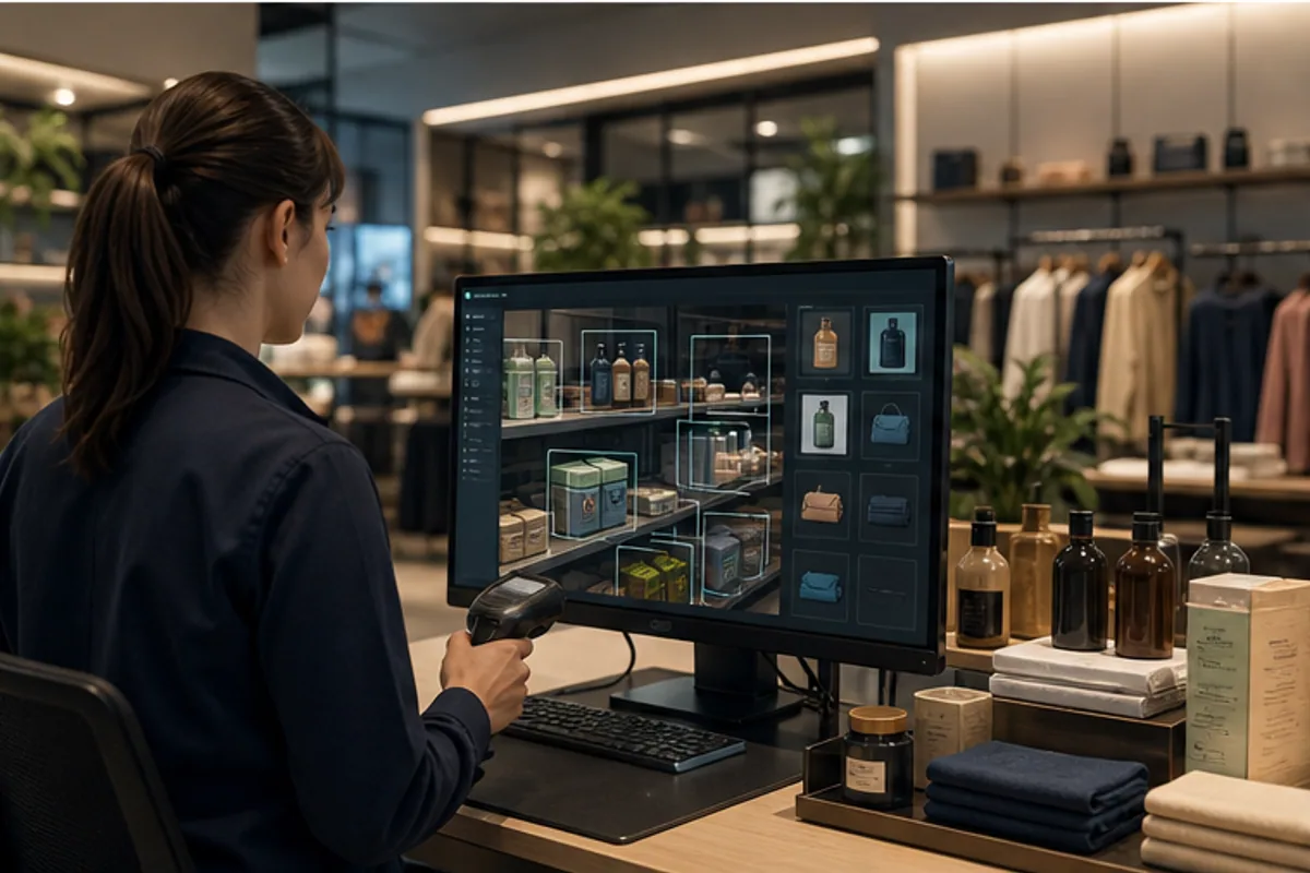 Retail operator reviewing product and shelf data with computer vision guidance